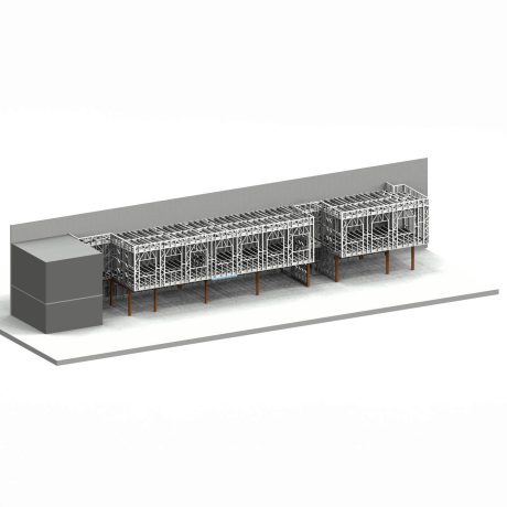 Modélisation 3D des bureaux COMAT à Angers par SWEELCO, avec structure métallique détaillée.