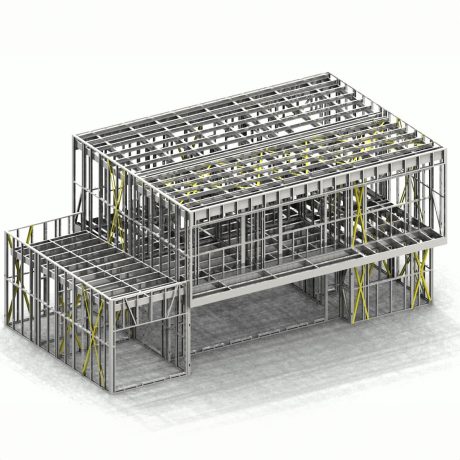 Vue 3D de la construction de maison individuelle à Chalonnes-sur-Loire (49) par Sweelco Modélisation 3D de la construction d'une maison individuelle à Chalonnes-sur-Loire par Sweelco, montrant la structure métallique.